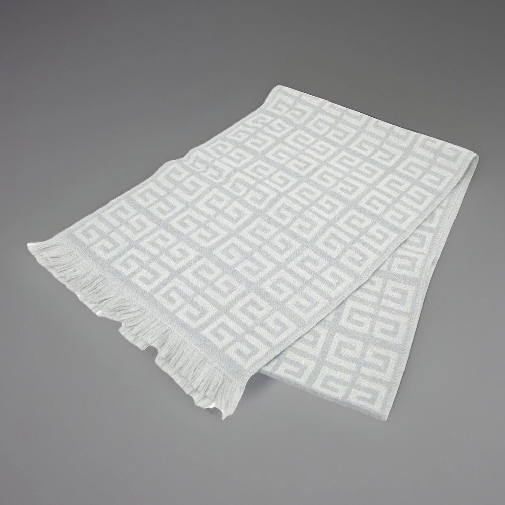Givenchy Scarf Light Grey White Monogram Virgin Wool Blend Fringe Made in Italy - Picture 2 of 5